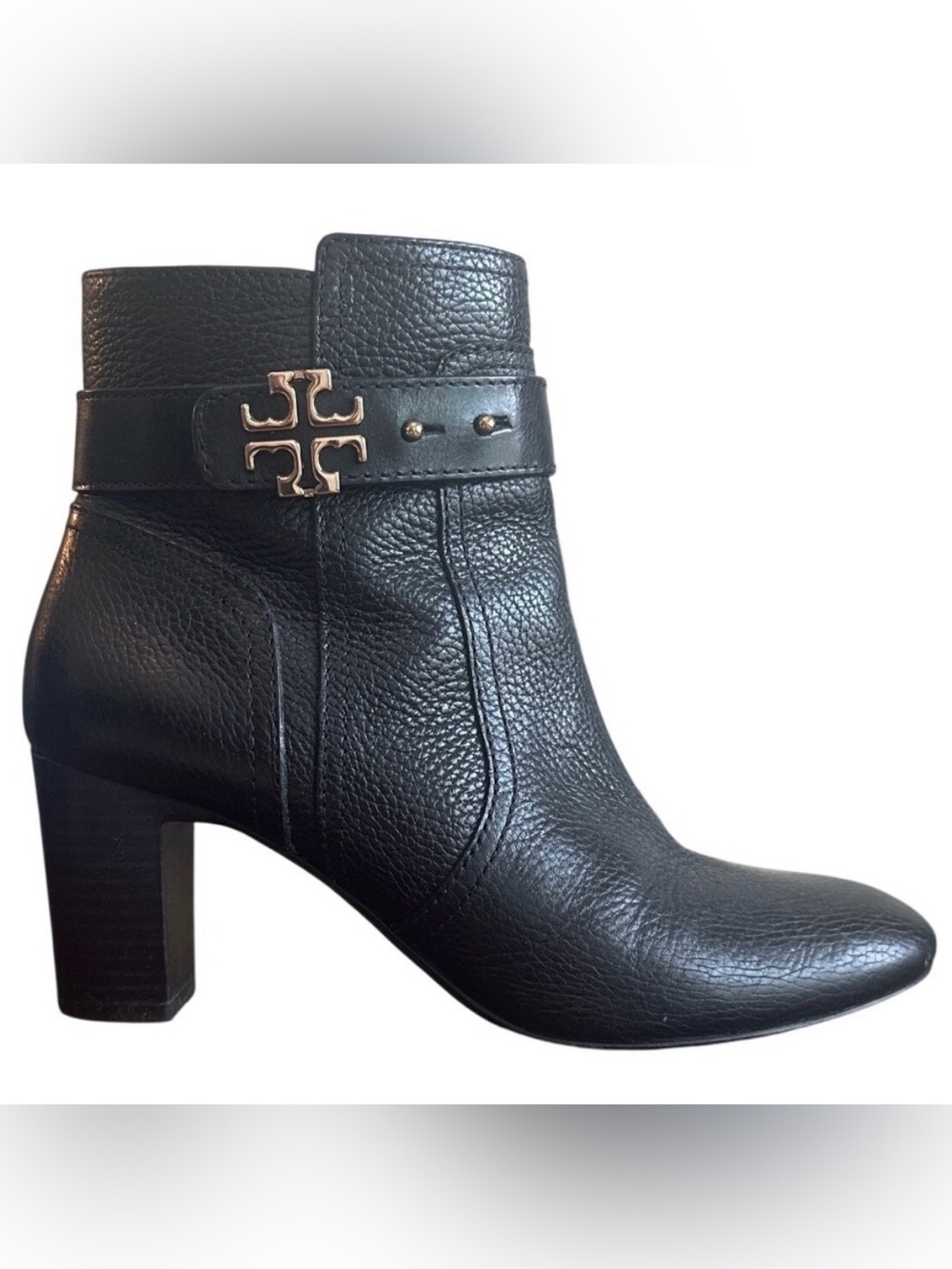 Tory Burch 32086 Black Pebbled Leather Booties 8.5 Gold Logo Block Heel